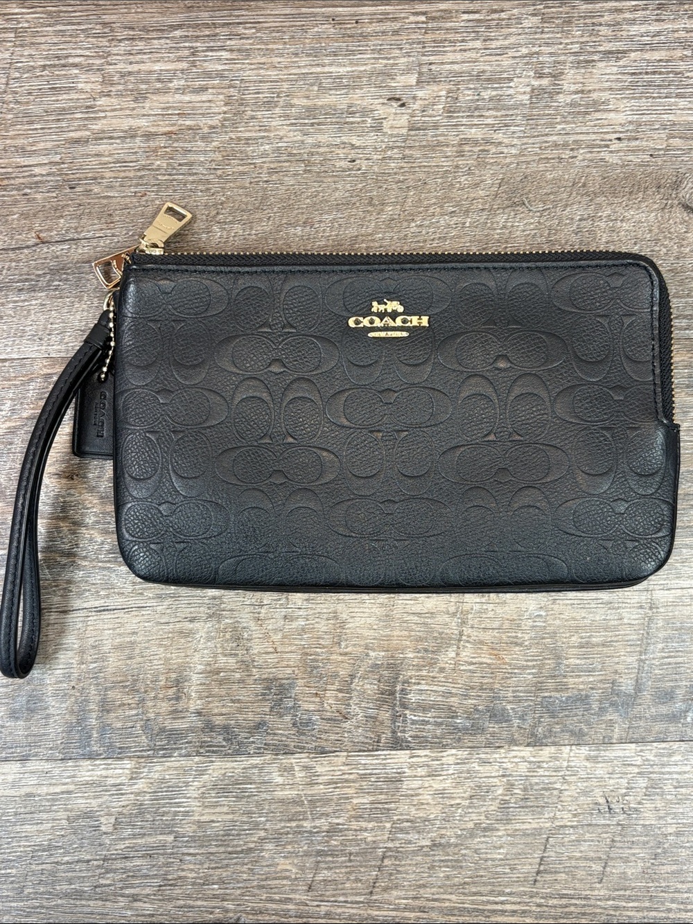 Coach Double Zip Wristlet Wallet – Black Signature Debossed Leather